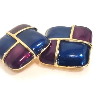 Vintage 1980's Chunky Enamel Earrings clip ons Blue, Purple
